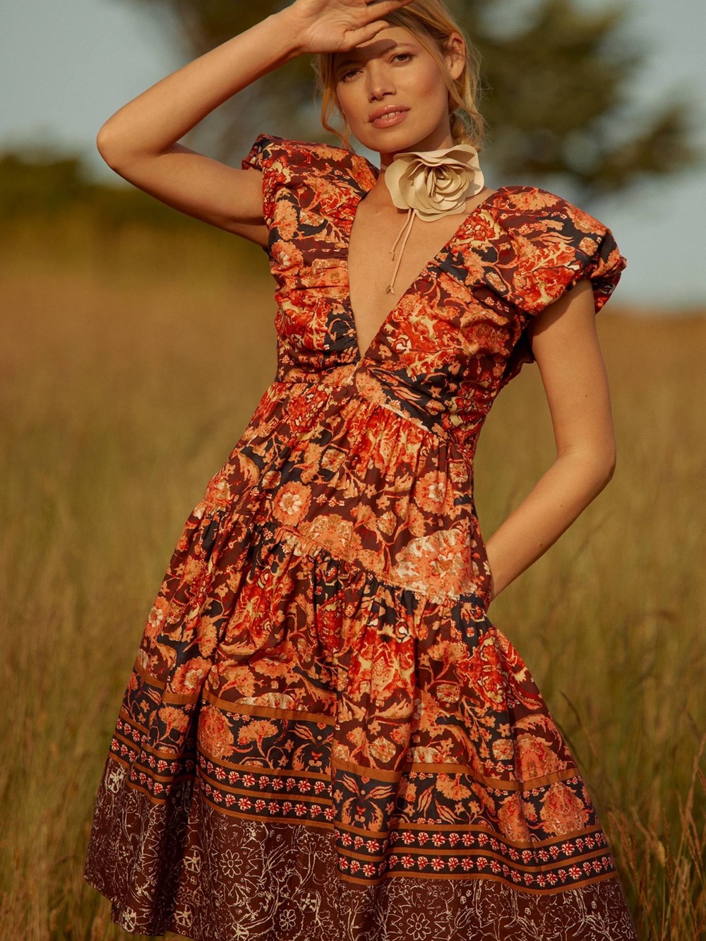 Floral V-Neck Tiered Cotton Dress in Rust